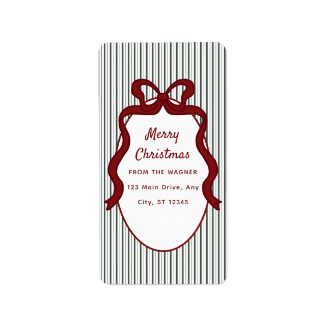 Etiqueta Clássico Natal Listras Verde Escuro & Laço Vermelh (Frente)