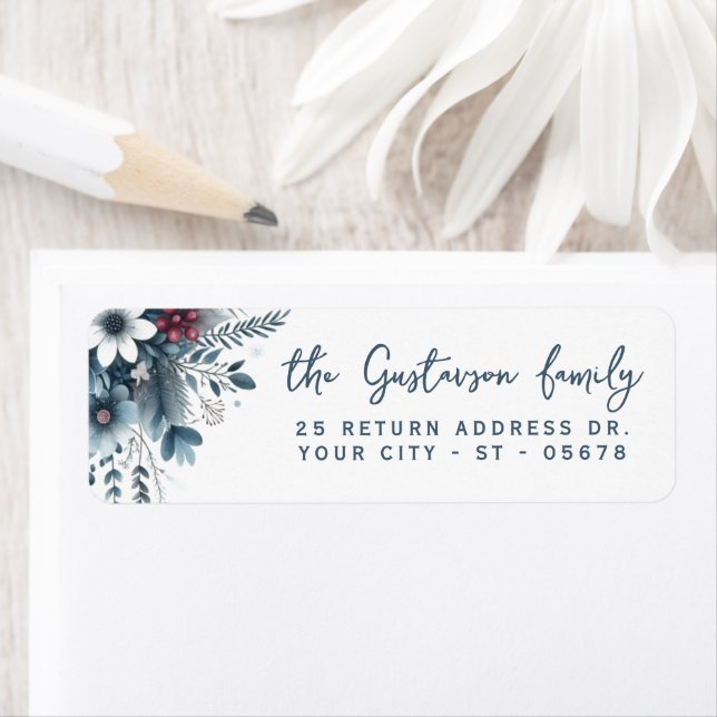 Etiqueta Classy Dark Teal Blue Red Floral Holiday Wreath (Insitu)