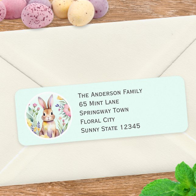 Etiqueta Coelhinho e Flores do felz pascoa Cute Personaliza (A return address label illustrated with the Easter bunny with flowers in a watercolor style)