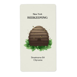 Etiqueta Colmeia e abelhas em folhas verdes