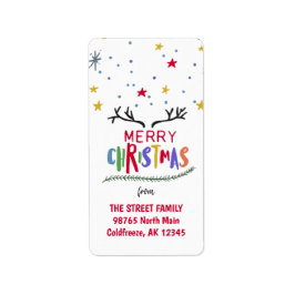 Etiqueta Colorida Reindeer Antler e Estrelas Feliz Natal