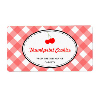 Etiqueta Comida de cereja doce com padrão de gingham vermel