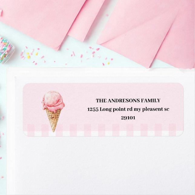 Etiqueta Cone de Sorvete Doce Gingham Rosa Aniversário  (Criador carregado)