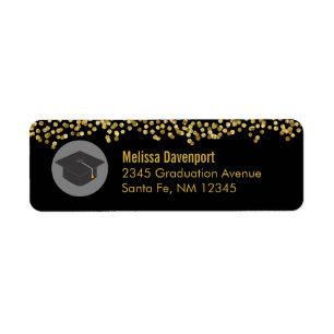 Etiqueta Confetti Dourado a preto com Boné de formatura