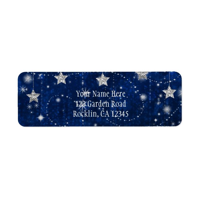 Etiqueta Convite Celestial Estrelado Azul Brilhante e Prata (Frente)
