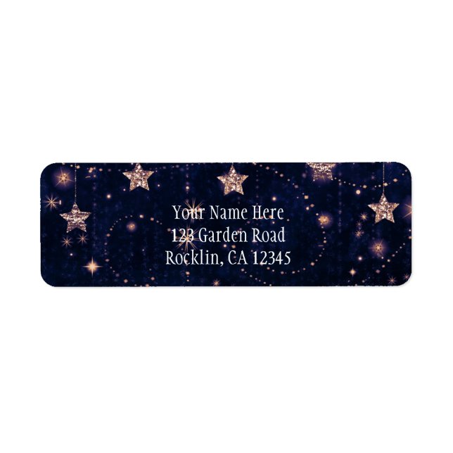 Etiqueta Convite Celestial Estrelado Roxo e Dourado (Frente)