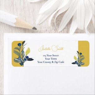 Etiqueta Convite de Casamento Floral Azul Marinho & Mostard