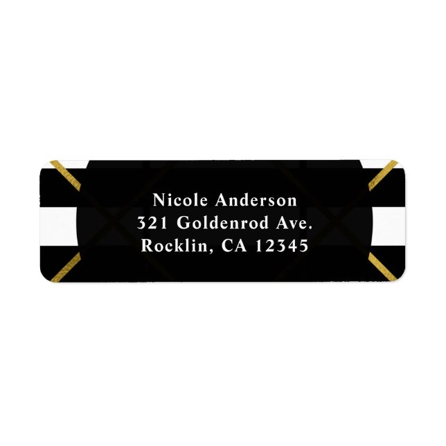 Etiqueta Convite Geométrico de Grelha Chic Preto e Dourado (Frente)