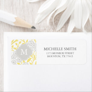 Etiqueta Cor damasco floral cinzenta amarela Monogrammed
