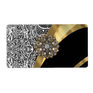 Etiqueta Cor damasco floral preto e branco