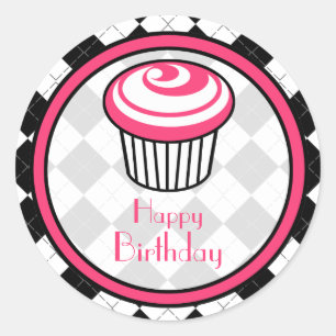 Etiqueta cor-de-rosa do aniversário do cupcake -