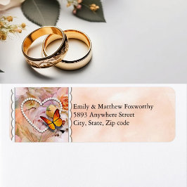 Etiqueta Coração Laranja Rosas Borboletas Casal Endereço