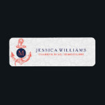 Etiqueta Coral Vermelho e Azul Anchor Náutico<br><div class="desc">Legal ilustração vermelha coral da âncora náutica. Monograma personalizável com círculo azul marinho. Fundo branco.</div>