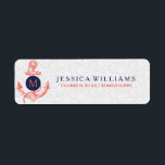 Etiqueta Coral Vermelho e Azul Anchor Náutico<br><div class="desc">Legal ilustração vermelha coral da âncora náutica. Monograma personalizável com círculo azul marinho. Fundo branco.</div>