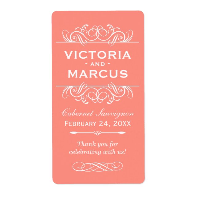 Etiqueta Coral Wedding Wine Botle Monogramas (Frente)