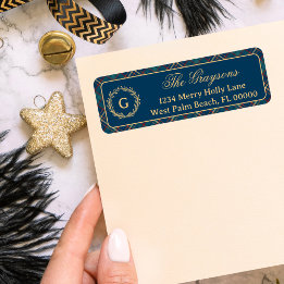 Etiqueta Coroa Clássica Monograma Xadrez Azul Natal