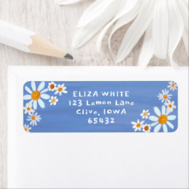 Etiqueta Cortar Daisies Gouache Endereço de Retorno Azul Pe