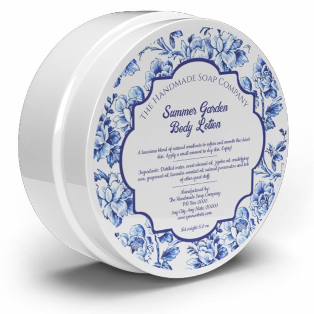 Etiqueta Cosmética de Sabão Floral Azul e Branco (Criador carregado)