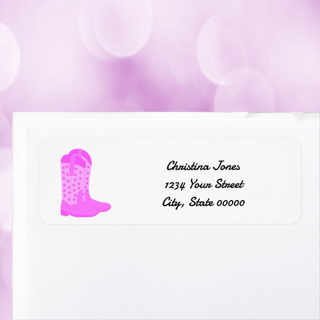 Etiqueta Cowboy Boots Stars Personalizar Endereço de Retorn (A return address label with a pair of pink cowboy boots with stars.  The text can be personalized!)