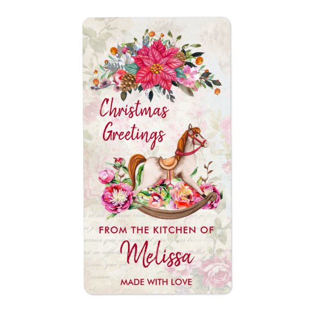 Etiqueta Cozinha de Natal Antiquada e Poinsettia (Frente)