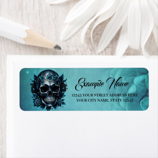 Etiqueta Crânio azul escuro com rosas (Insitu)