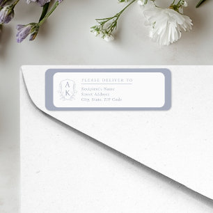 Etiqueta Crest Monograma Casamento Azul Endereço de Devoluç