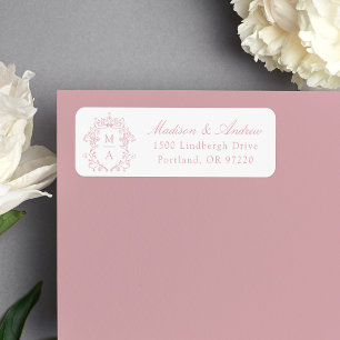 Etiqueta Crest Monograma de Rosa Elegante Endereço de Casam