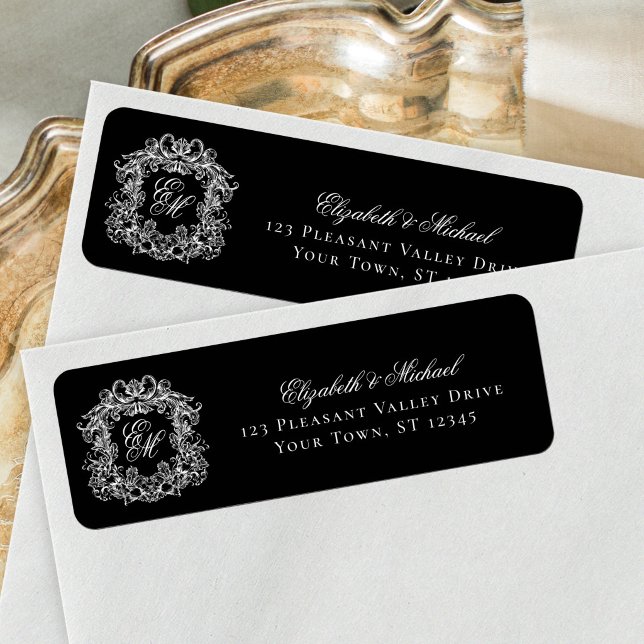 Etiqueta Crestas Monogramáticas Pretas de Endereço de Devol (Criador carregado)