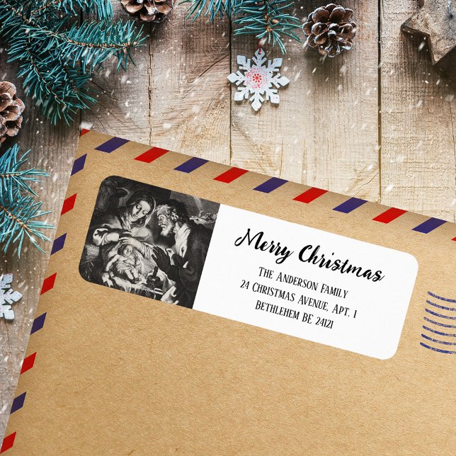 Etiqueta Cristão Negro e Branco Santo Natal (Black & White Simple Script Religious Christian Catholic Nativity Christmas Return Address Label)