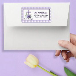 Etiqueta Cruz de Bênçãos da Páscoa com Flores Xadrez Roxo