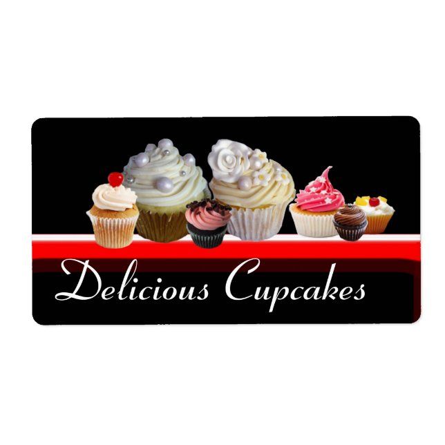 Etiqueta CUPCAKES DELICIOSOS COMPRAM, preto-rosa vermelho (Frente)