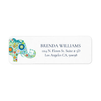 Etiqueta Cute Floral Elephant On White Blue Typography
