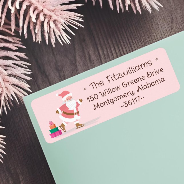 Etiqueta Cute Pink Christmas Santa Claus Ice Skating  (Cute Pink Christmas Santa Claus Ice Skating Label)