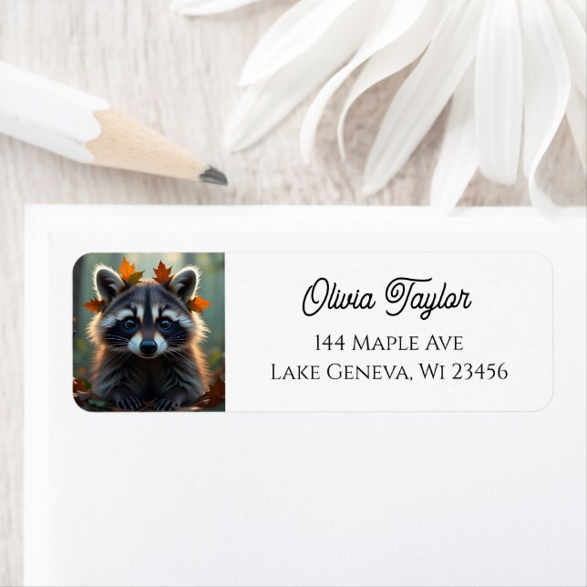 Etiqueta Cute Raccoon em Folhas de Queda (Insitu)
