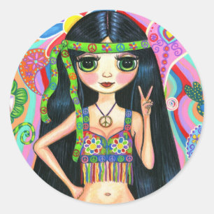 Etiqueta da menina do Hippie do sinal de paz