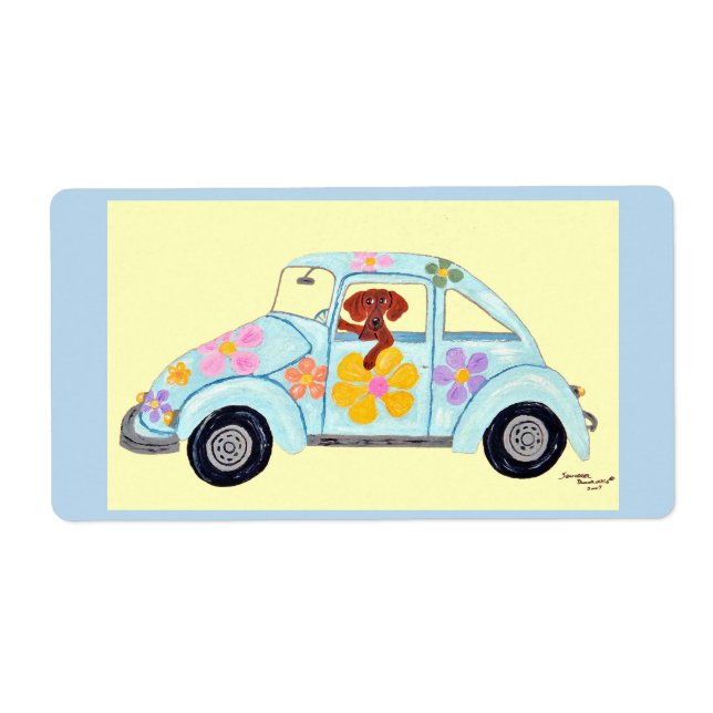 Etiqueta Dachshund em carro hippie (Frente)