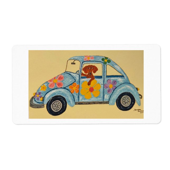 Etiqueta Dachshund em carro hippie (Frente)