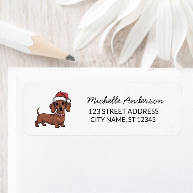 Etiqueta Dachshund em Santa Hat Endereço de Volta de Natal (Insitu)