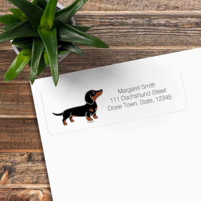 Etiqueta Dachshund Preto e Castanho Posando (Black and Tan Dachshund Posing Cartoon Design Return Address Label for Dachshund Owners.)
