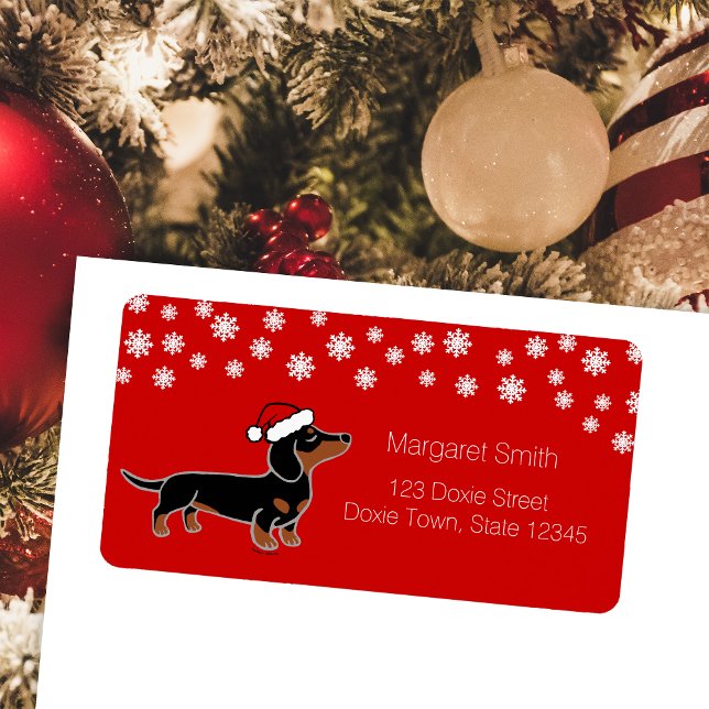 Etiqueta Dachshund Preto e Castanho Posando no Natal  (Black and Tan Smooth Haired Haired Dachshund posing Christmas Return Address Labels for Dachshund )