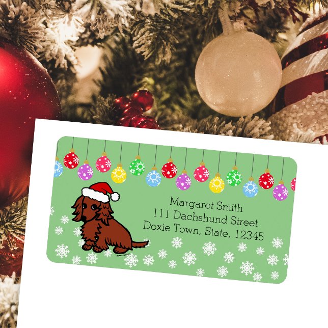 Etiqueta Dachshund Ruivo de Cabelo Comprido Natal Fofo (Red Long Haired Dachshund Cute Christmas Return Address Labels for Dachshund Owners.  Cute Cartoon.)