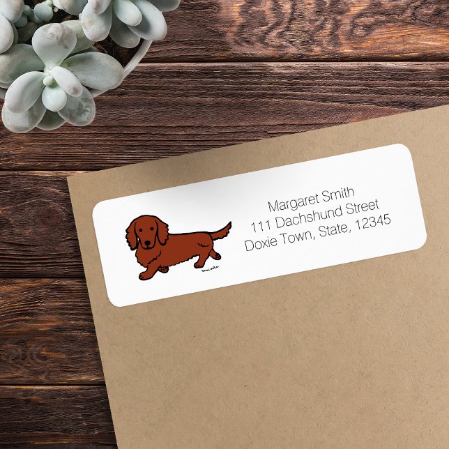 Etiqueta Dachshund Vermelho de Cabelo Comprido 1 (Red Long Haired Dachshund Return Address Label featuring Walking Dachshund.  Cute Cartoon Design.)