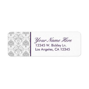 Etiqueta Damasco cinzento elegante com texto do roxo da