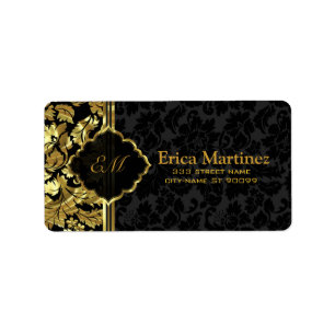 Etiqueta Damascos florais do vintage preto e Dourado