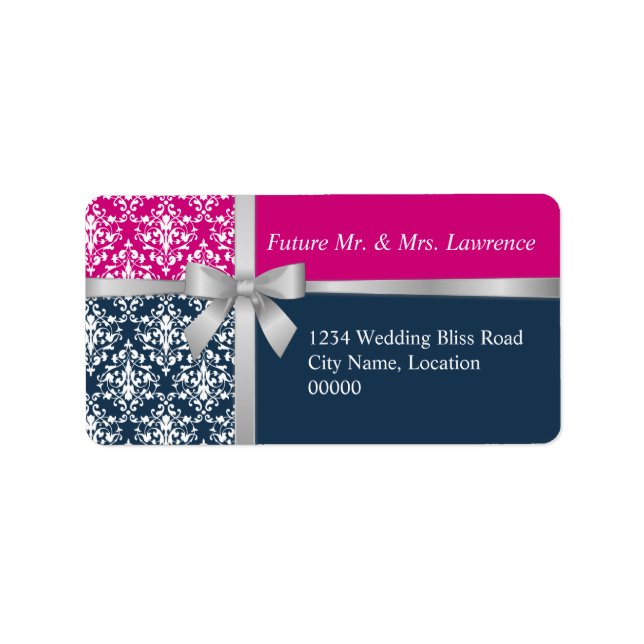 Etiqueta Damask Faux Silver Ribbon Marinho Blue Fuchsia (Frente)