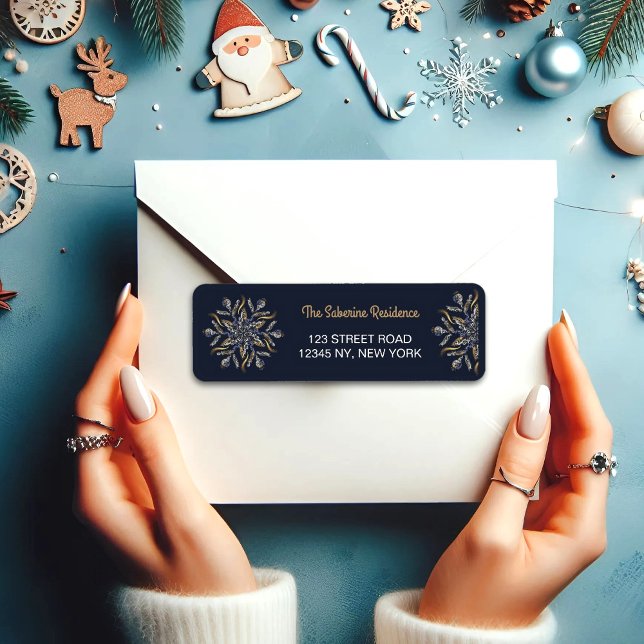 Etiqueta Dark Blue & Gold Midnight Sparkle Stars New Year  (Criador carregado)