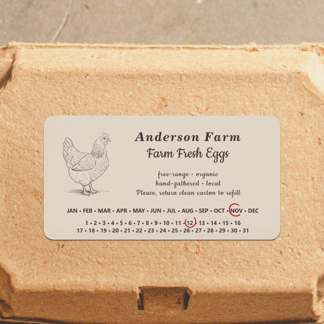 Etiqueta Data da primeira classificação - Fazenda, ovos fre (Encircled Date - Farm Fresh Eggs Brown Sticker)