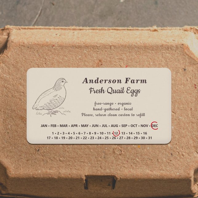 Etiqueta Data da primeira classificação - Ovos de codorniz  (Encircled Date - Farm Quail Eggs Brown Sticker)