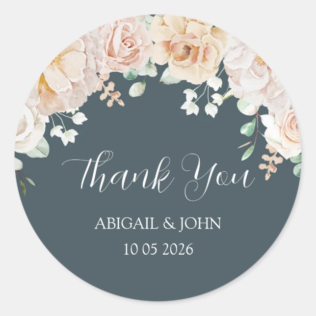 Etiqueta de Agradecimento de Casamento Floral Azul (Frente)