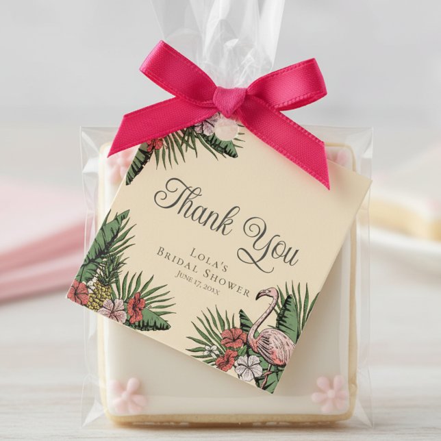 Etiqueta de Agradecimento de Chuveiro de Flamingo  (Tropical Floral Pink Flamingo Bridal Shower Thank You Favor Tags. Elegant Hibiscus, Leaves & Foliage)